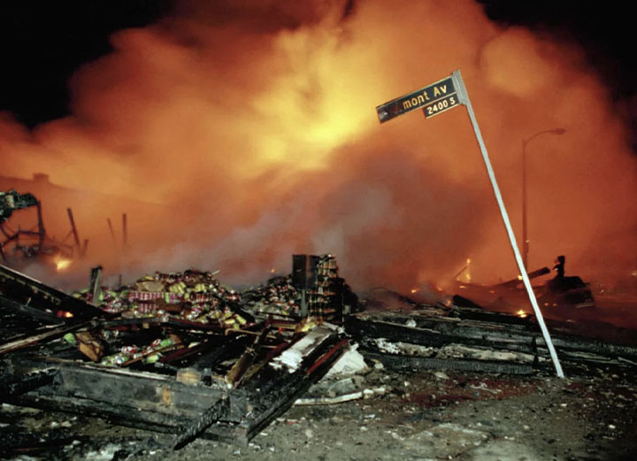 Destroyed and burning buildings during the L.A. Riots