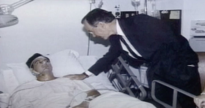 George Bush visits LAFD firefighter Scott Miller who was shot during the 1992 L.A. Riots
